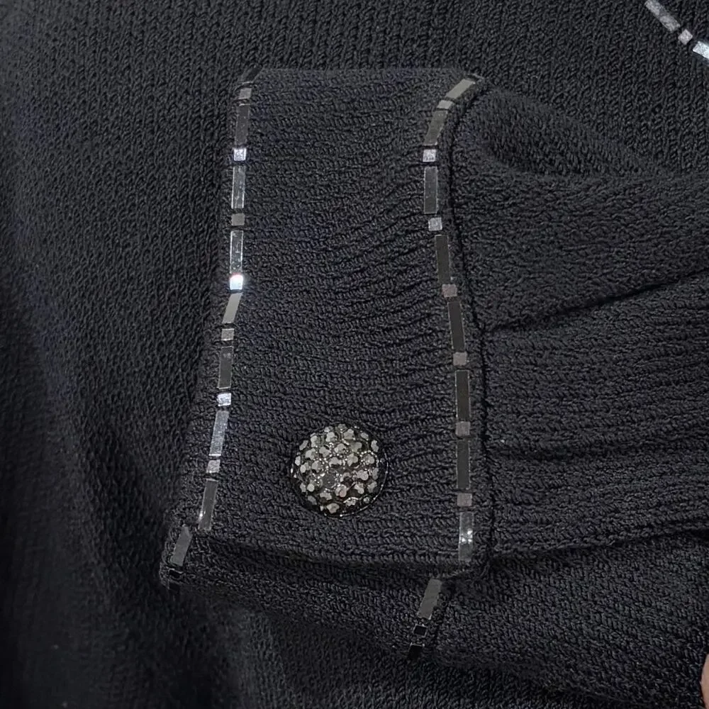 Vintage St John Sport Size L XL Black Knit Crystal Embellished Bomber Jacket